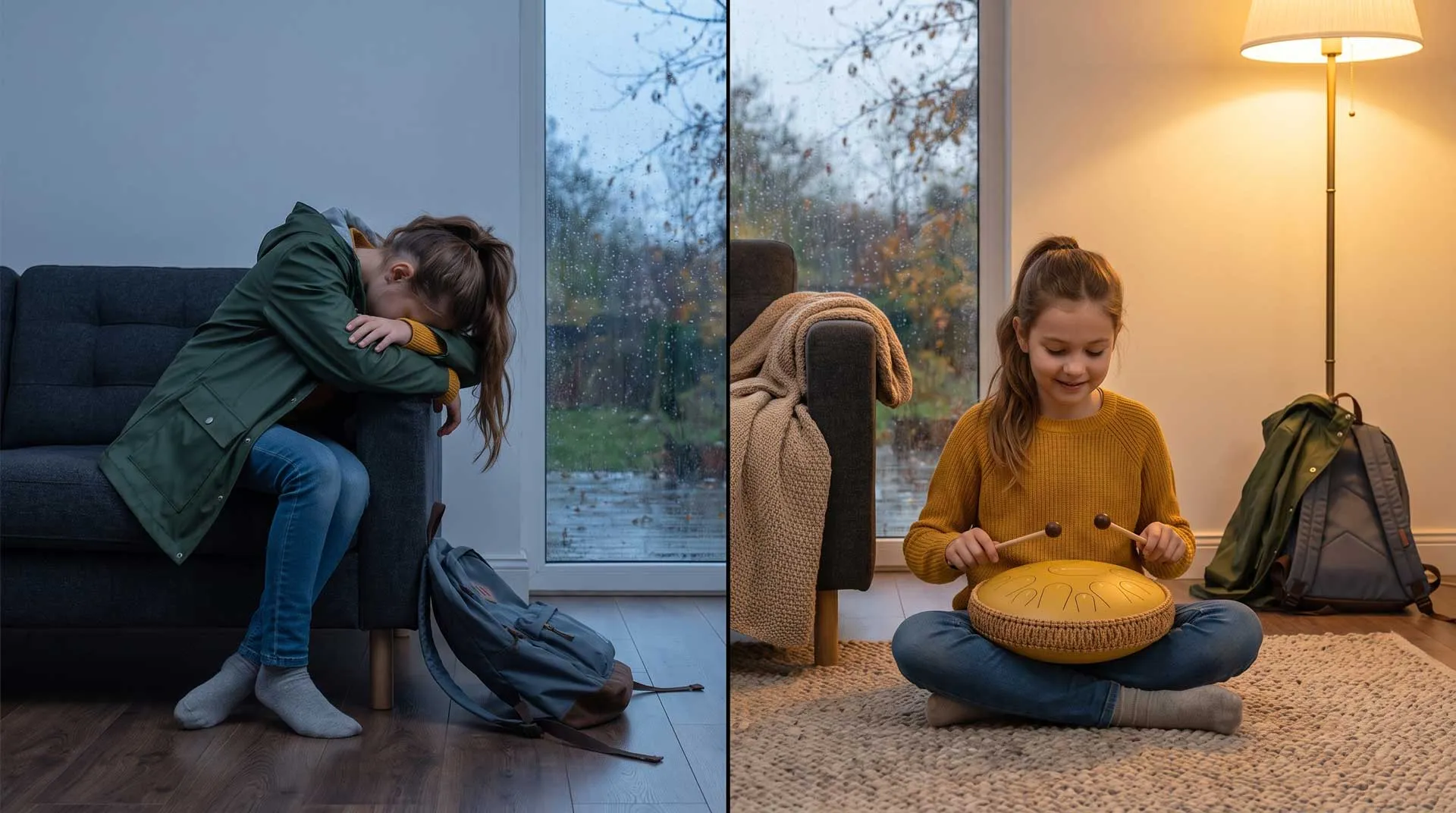 Vorher-Nachher: Mädchen sitzt nach der Schule erschöpft mit Jacke auf dem Sofa, der Schulranzen liegt auf dem Boden, daneben spielt es entspannt Sonodrum Zungentrommel im warmen Wohnzimmerlicht